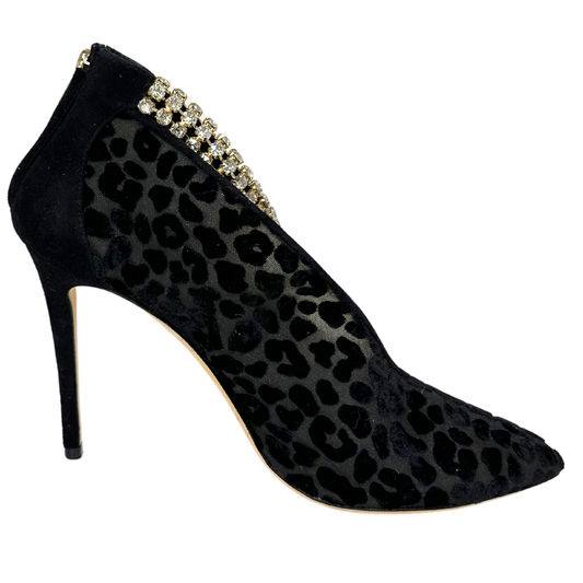 Jimmy Choo Black Leopard Rhinestone Ankle Strap Shoe, 39.5