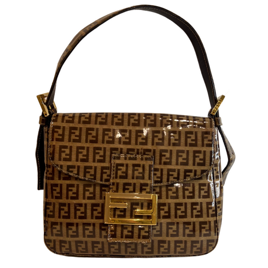 Fendi Brown Patent Leather Zucchino Mini Mama Bag