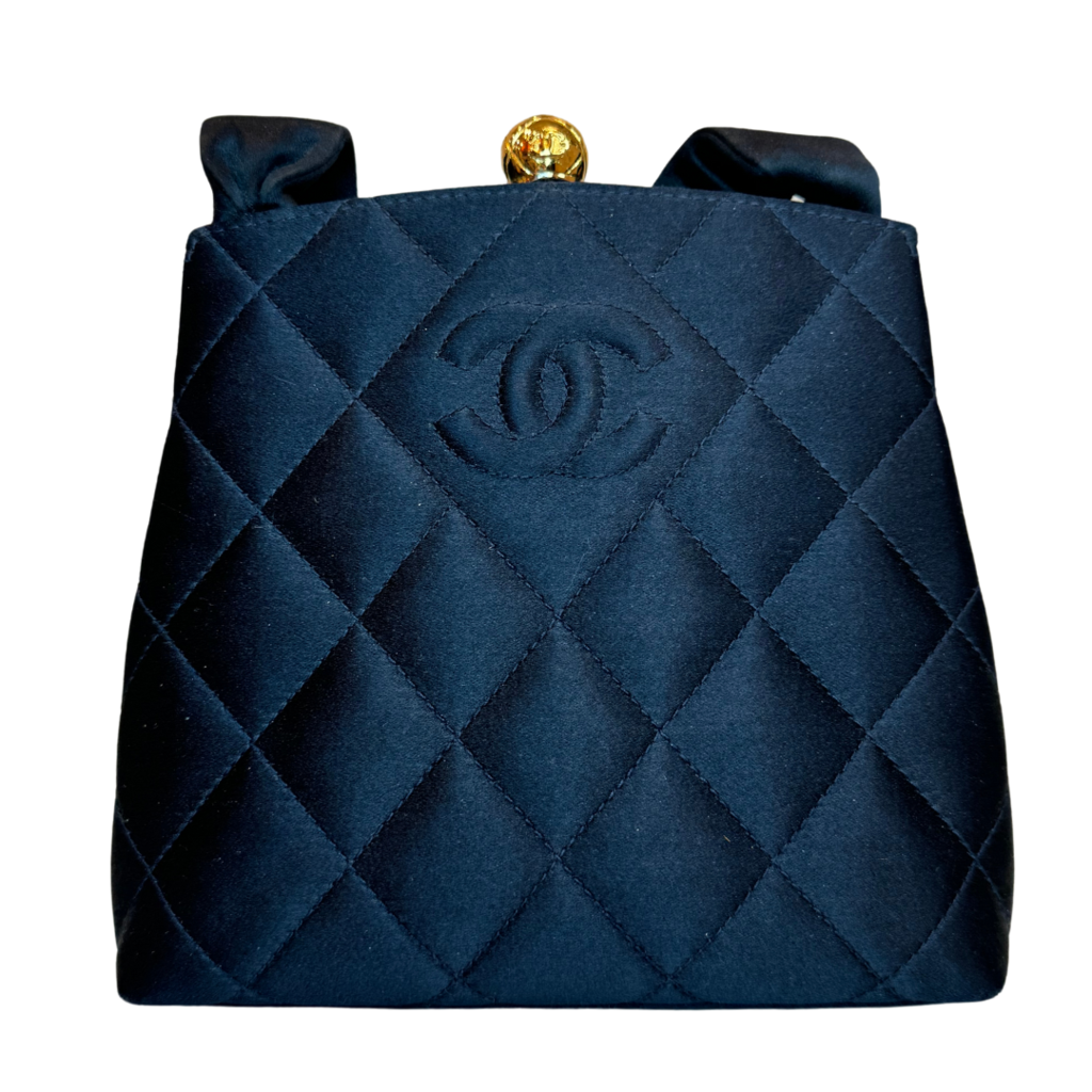 Chanel Navy Quilted Gold Clasp Top Handle Bag