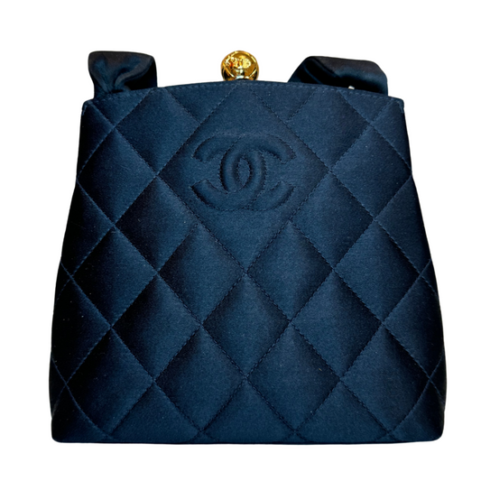 Chanel Navy Quilted Gold Clasp Top Handle Bag