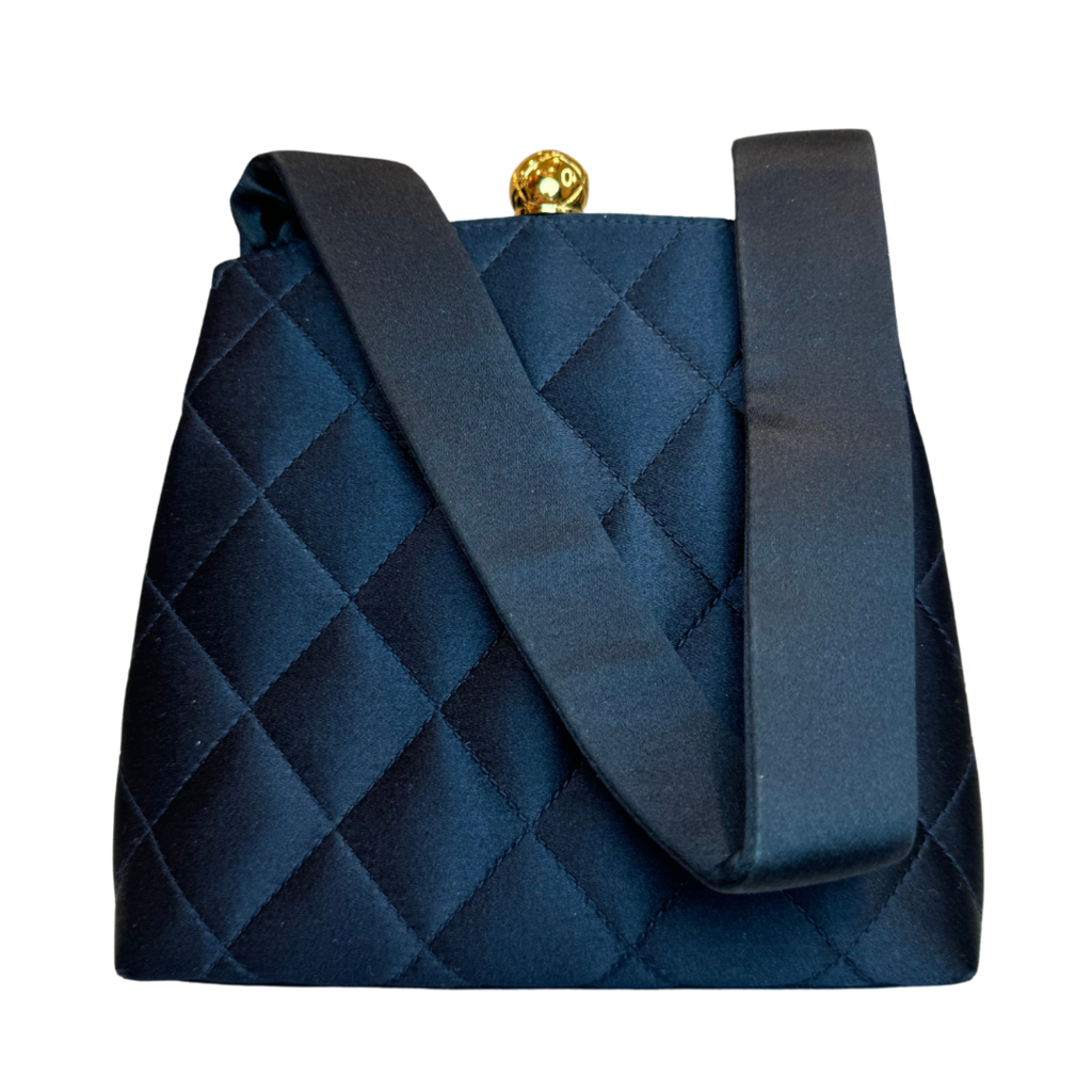 Chanel Navy Quilted Gold Clasp Top Handle Bag