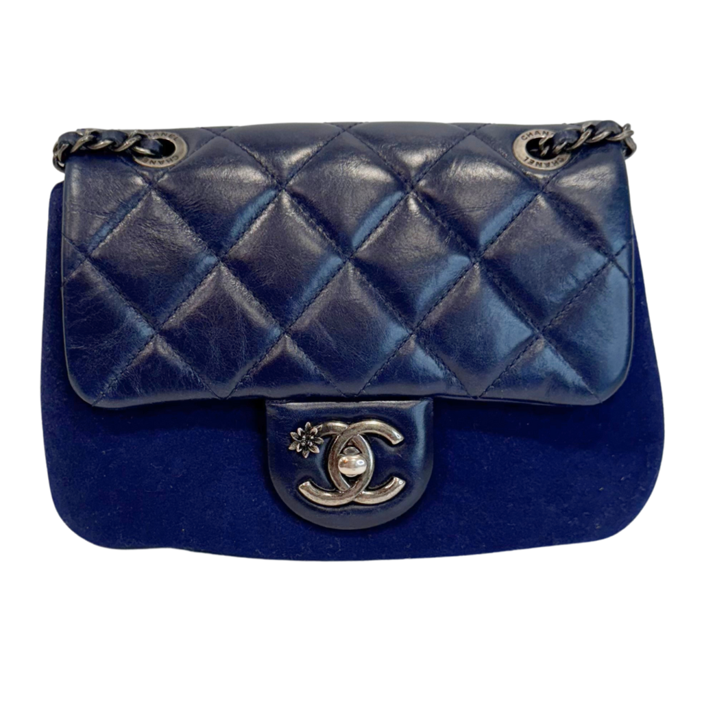 Chanel Square Blue Felt & Goatskin Flower Flap Mini