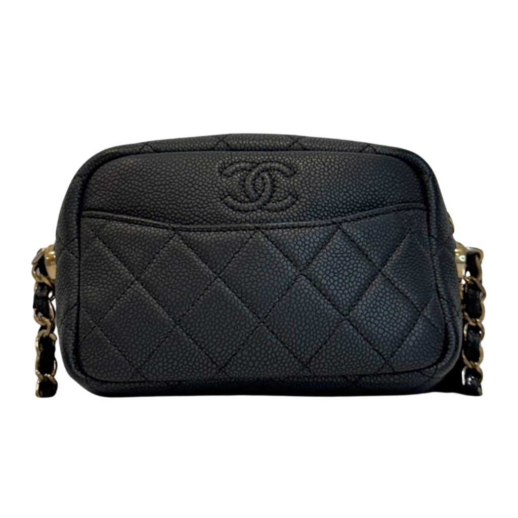 Chanel Black & Navy Caviar Camera Bag with Tassle Mini