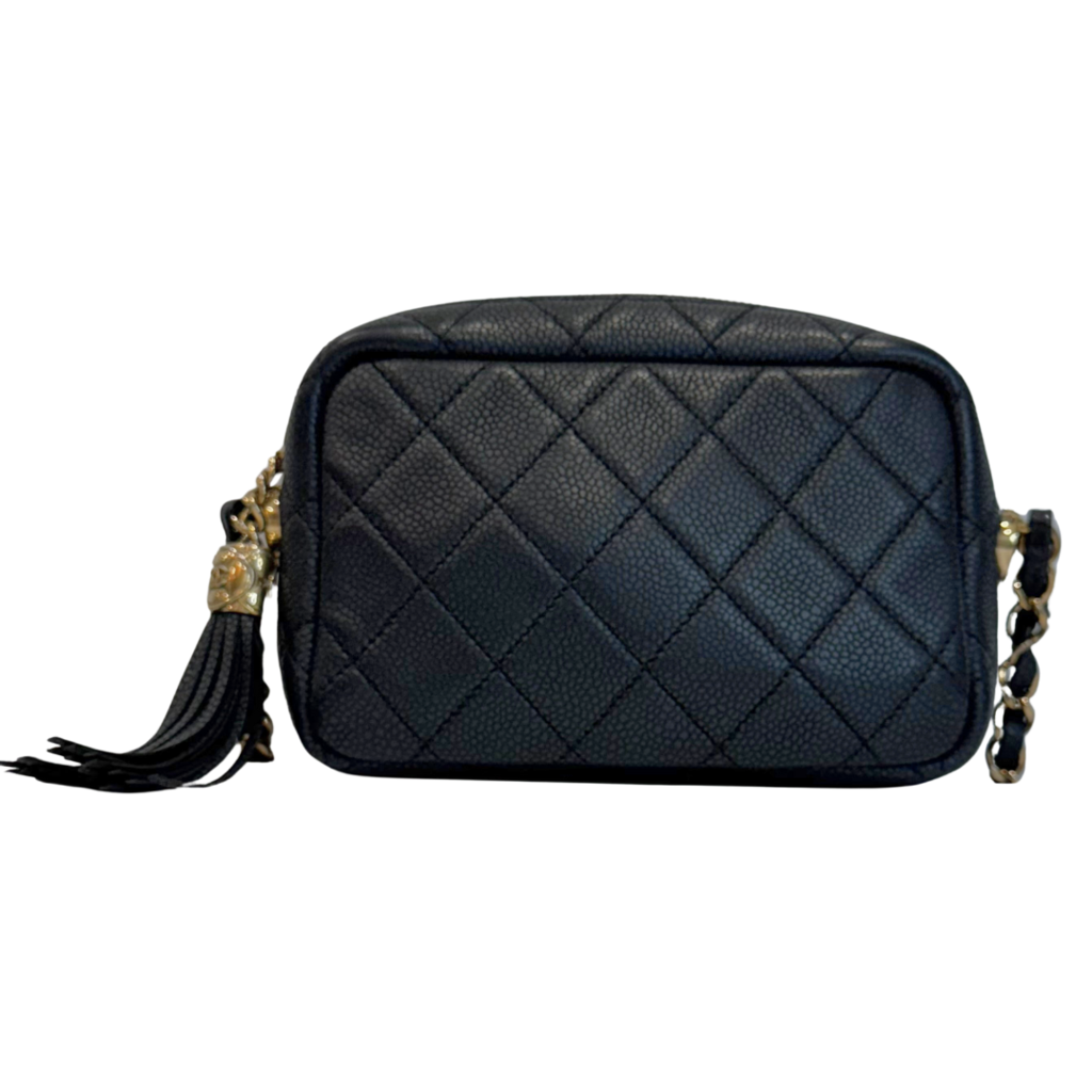 Chanel Black & Navy Caviar Camera Bag with Tassle Mini