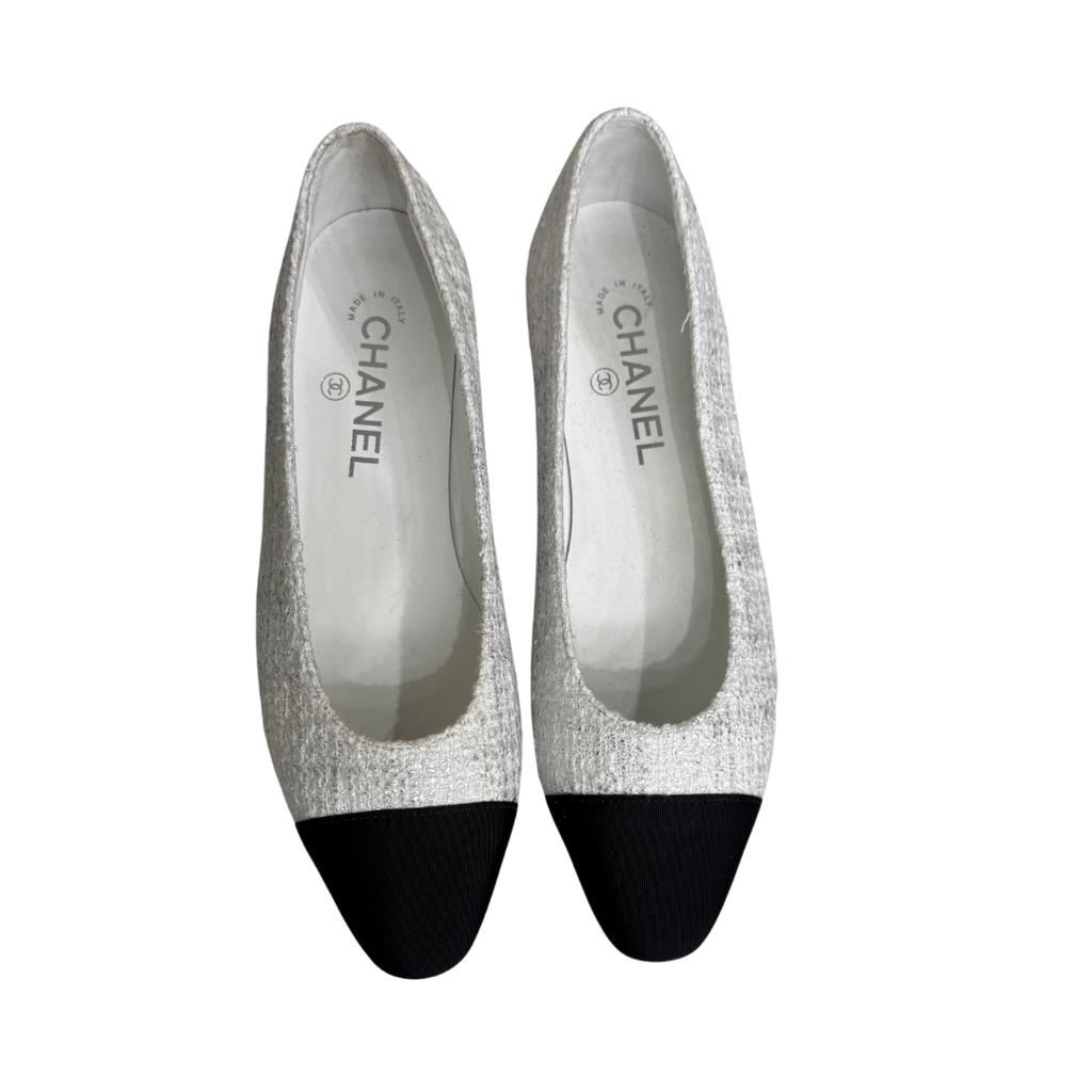 Chanel Tweed Ballet Flat White Black, 37