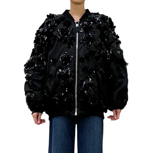 Prada Black Floral Applique Runway Coat 2022, 42