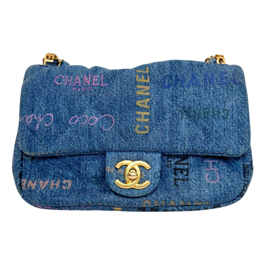 Chanel Blue Denim and Multicolor Logo Chain Shoulder Bag