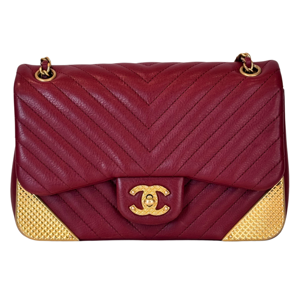 Chanel Red Lambskin Gold Corner Chevron Flap Bag