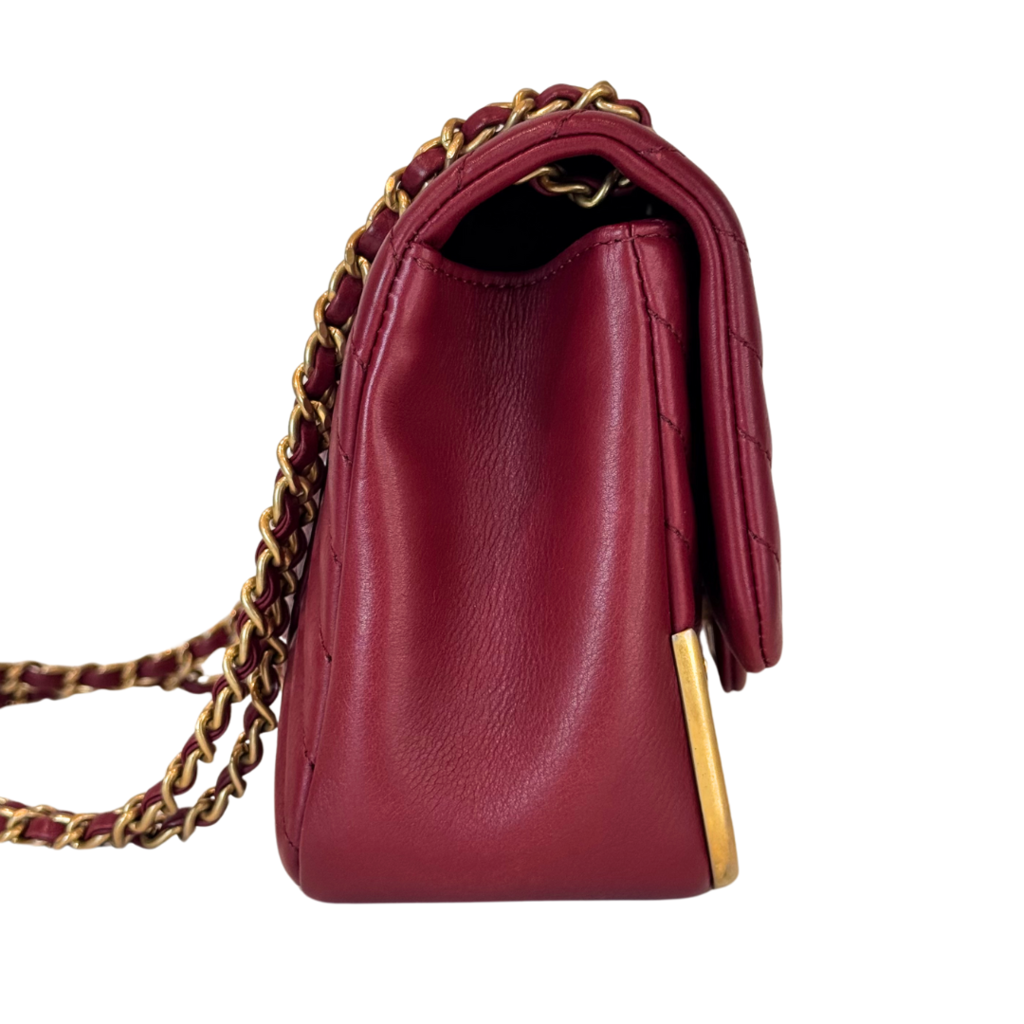 Chanel Red Lambskin Gold Corner Chevron Flap Bag