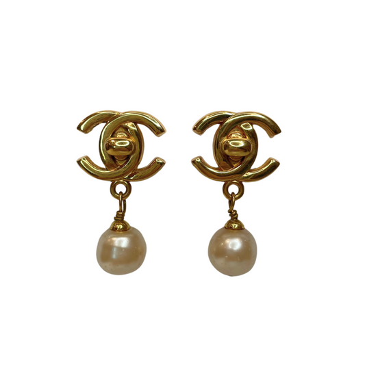 Chanel Gold Turnlock with Pearl Drop Earrings