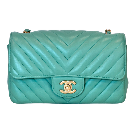 Chanel Mint Green Chevron Lambskin Flap Bag Mini