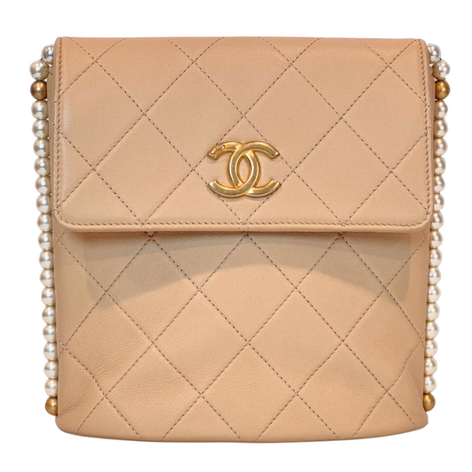 Chanel Beige Quilted Pearl Chain Flap Bag