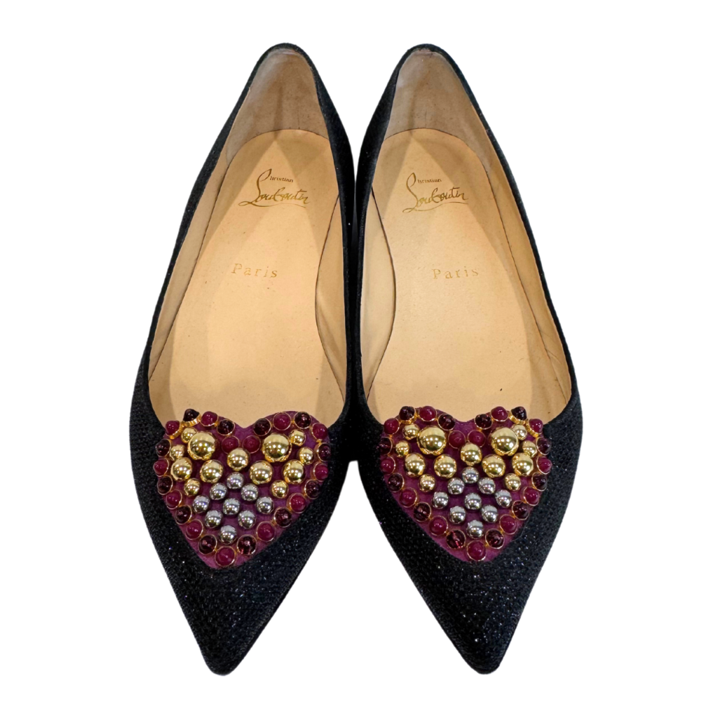 Christian Louboutin Black Embellished Heart Flats, 37.5