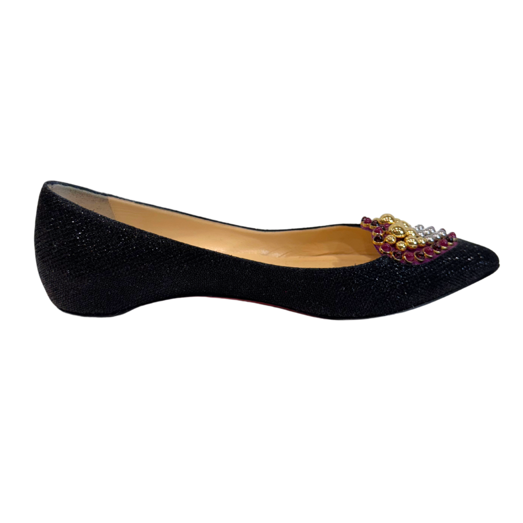 Christian Louboutin Black Embellished Heart Flats, 37.5