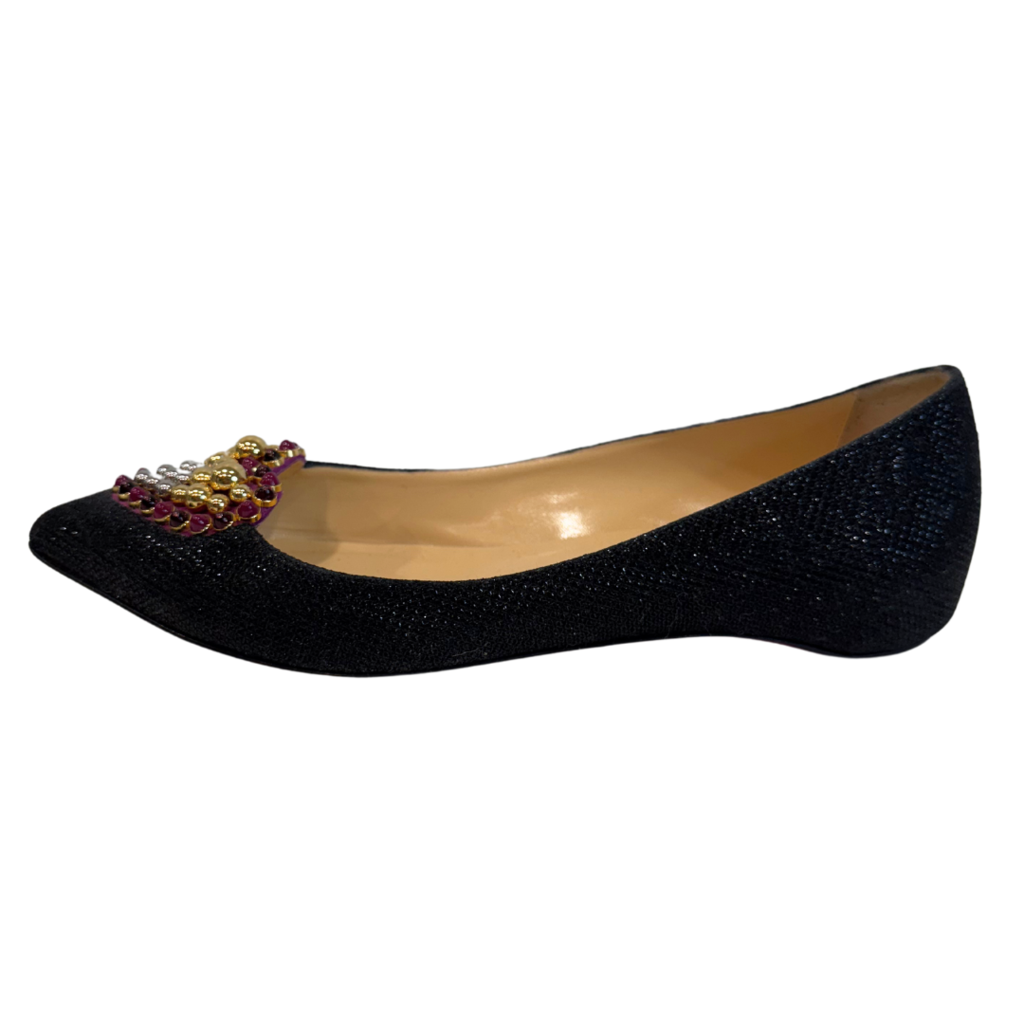 Christian Louboutin Black Embellished Heart Flats, 37.5