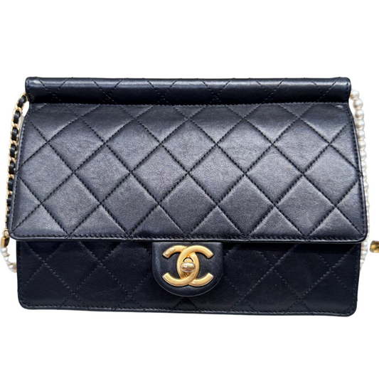 Chanel Black Lambskin Pearl Chain Flap Bag