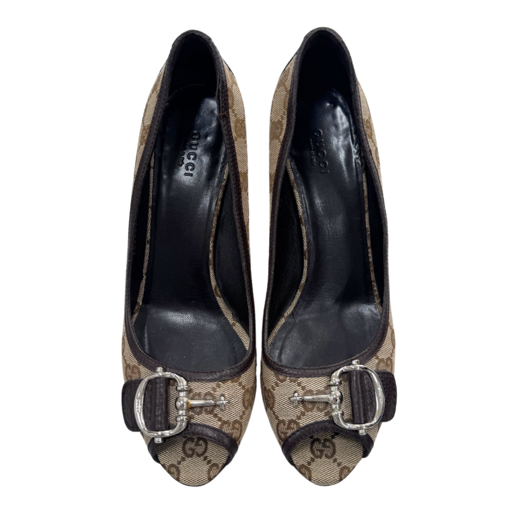 Gucci Monogram Horsebit Open Toe Pumps, 39.5