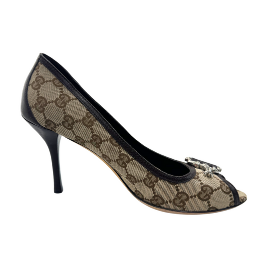 Gucci Monogram Horsebit Open Toe Pumps, 39.5