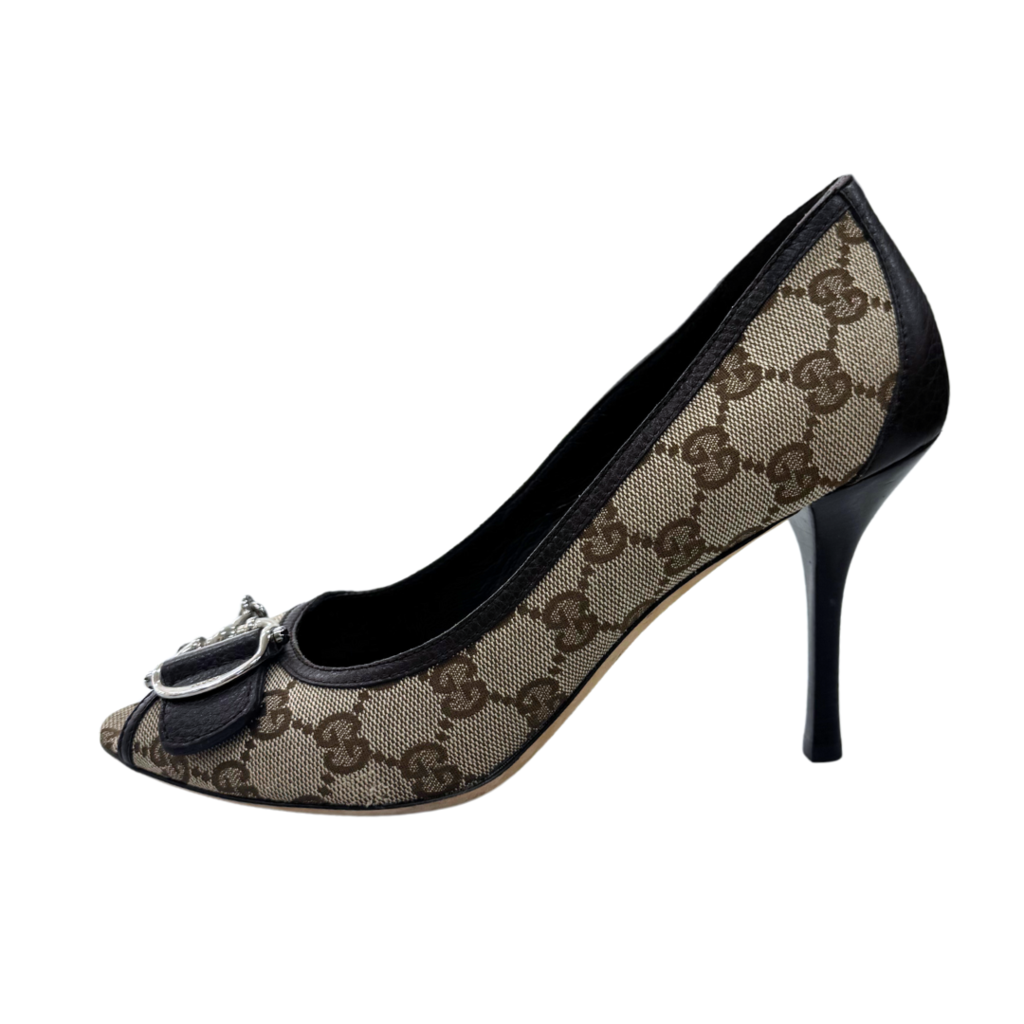 Gucci Monogram Horsebit Open Toe Pumps, 39.5