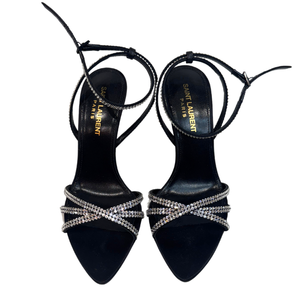 Saint Laurent Black Crystal Ankle Strap Sandals, 36