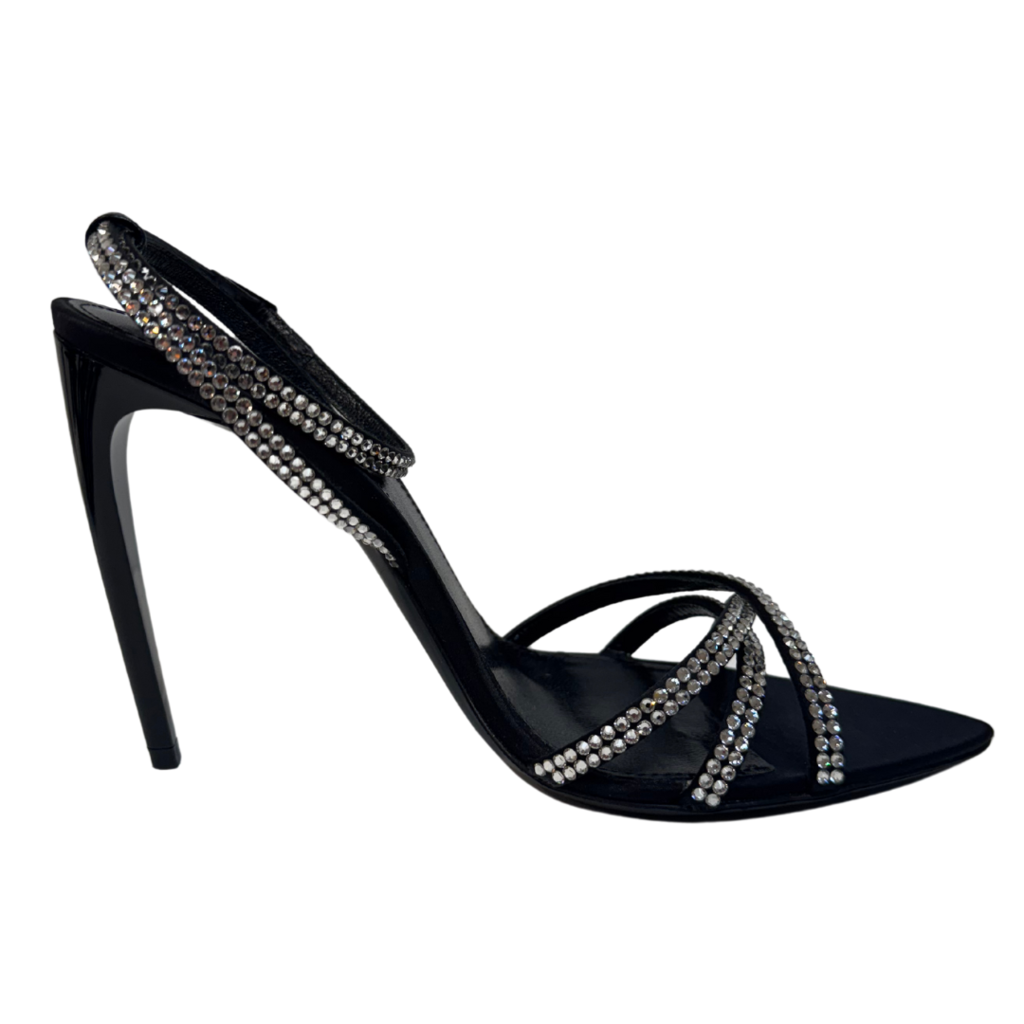 Saint Laurent Black Crystal Ankle Strap Sandals, 36