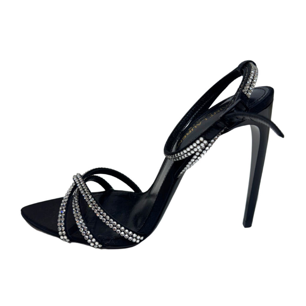 Saint Laurent Black Crystal Ankle Strap Sandals, 36