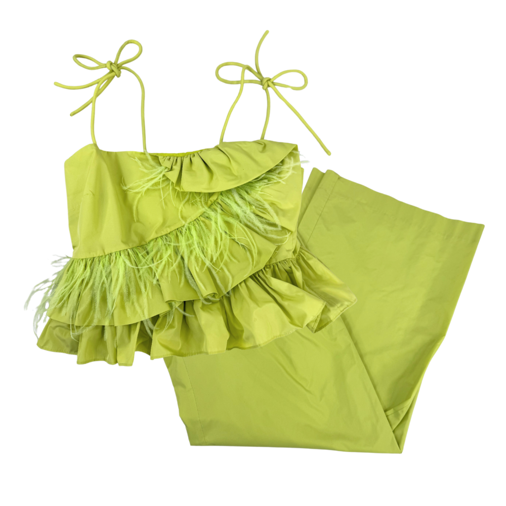 Tanya Taylor Green Poly Pant and Feather Top Set, 0