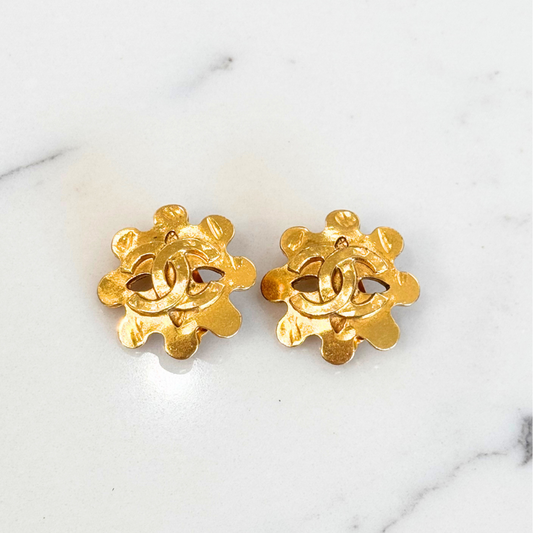 Chanel Gold CC Flower Shaped Clip On Earrings