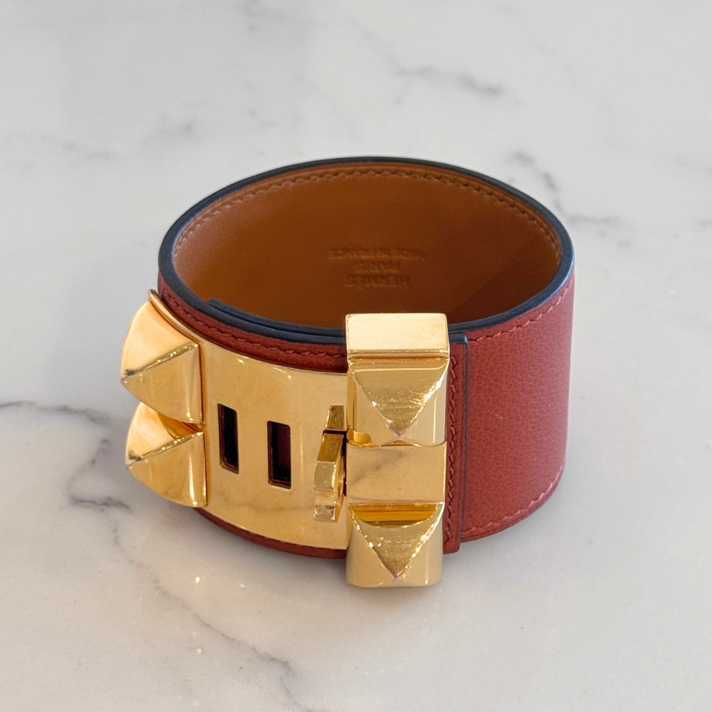 Hermes Brown Leather Collier De Chien Bracelet, 8.5" (full set)