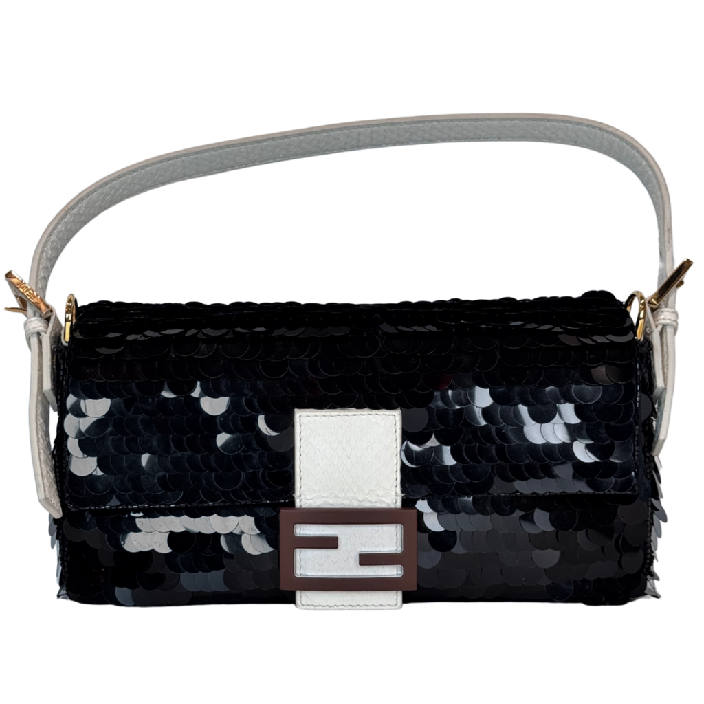 Fendi '97 Black Satin Sequin & White Snakeskin Handle Mini Baguette