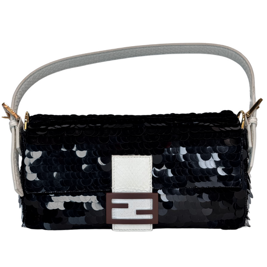 Fendi '97 Black Satin Sequin & White Snakeskin Handle Mini Baguette