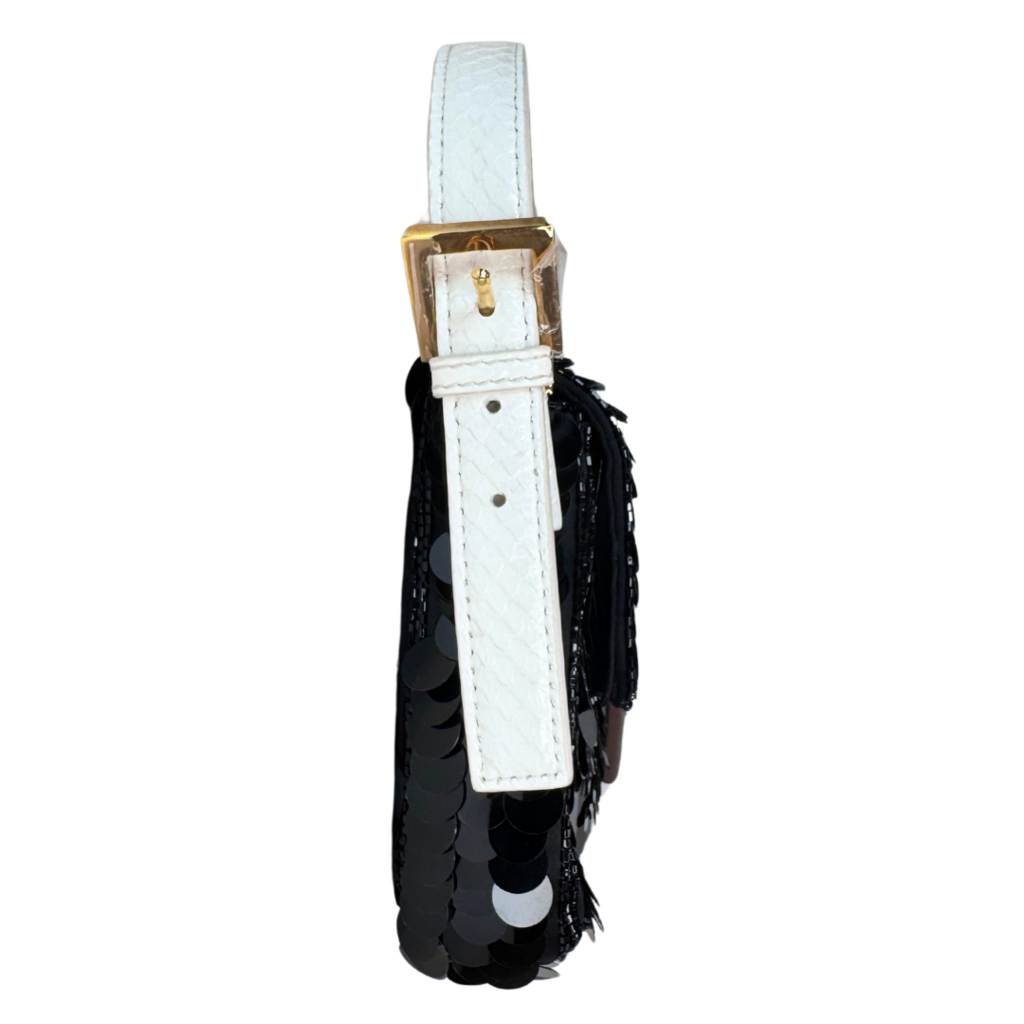 Fendi '97 Black Satin Sequin & White Snakeskin Handle Mini Baguette