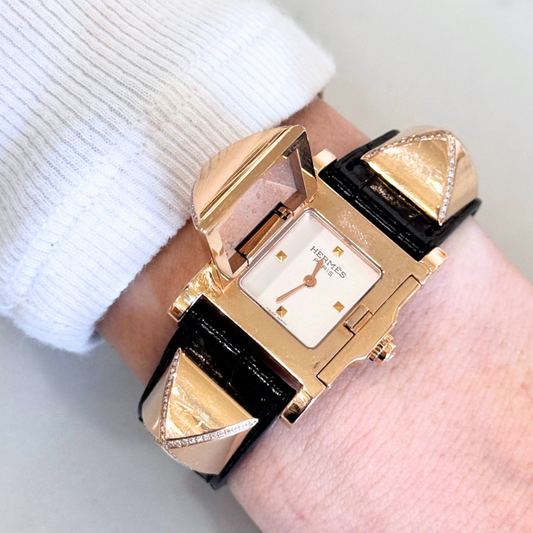 Hermes Diamond Medor Black Croc Watch