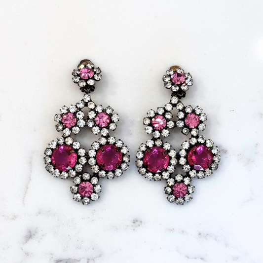 Pink White Crystal Chandelier Earrings
