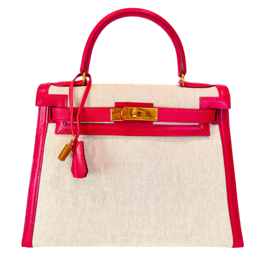 Hermès Kelly Toile & Rouge Vif 28CM Gold HW (1997)