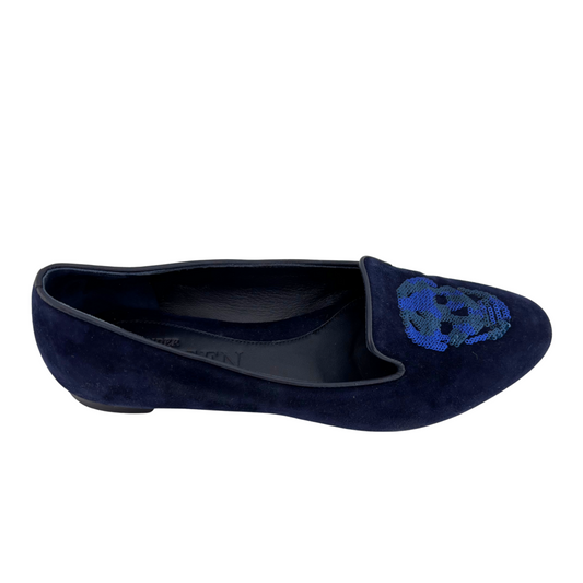 Alexander McQueen Blue Suede Sequin Skull Loafers, 35