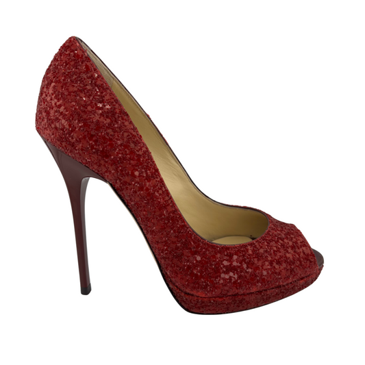 Jimmy Choo Red Glitter Peep Toe Pumps, 35