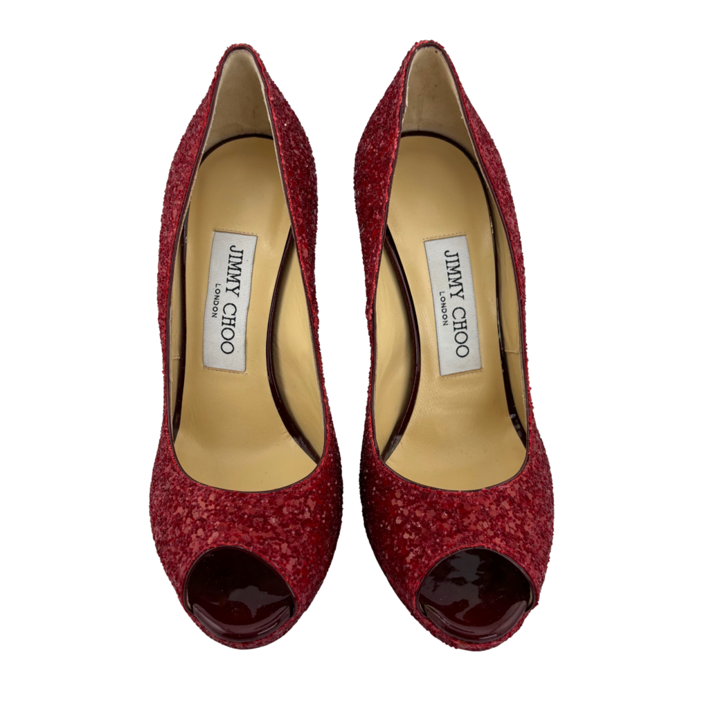 Jimmy Choo Red Glitter Peep Toe Pumps, 35