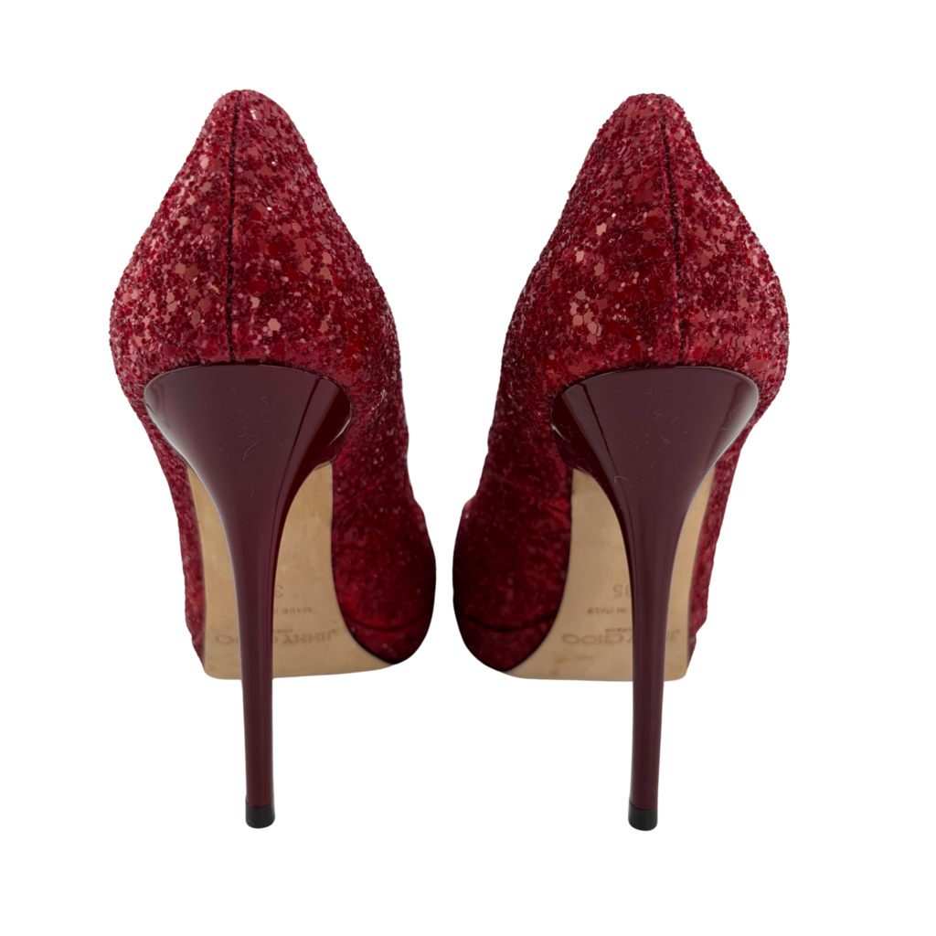 Jimmy Choo Red Glitter Peep Toe Pumps, 35