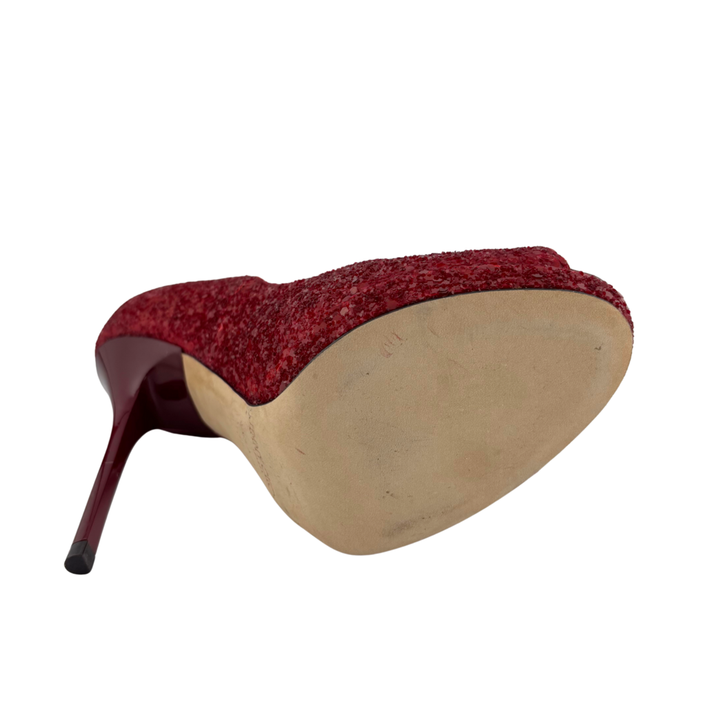 Jimmy Choo Red Glitter Peep Toe Pumps, 35