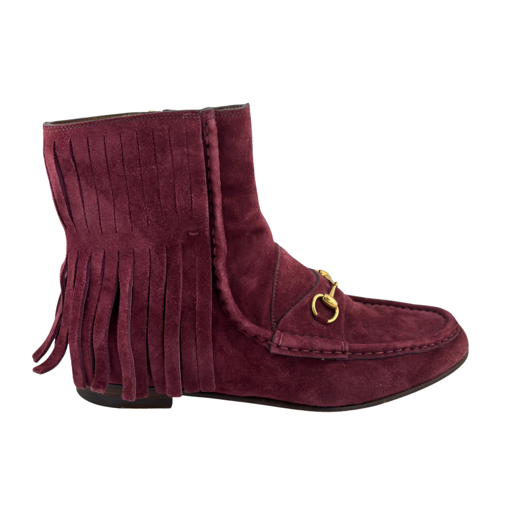 Gucci Burgundy Suede Fringe Ankle Boot, 38.5