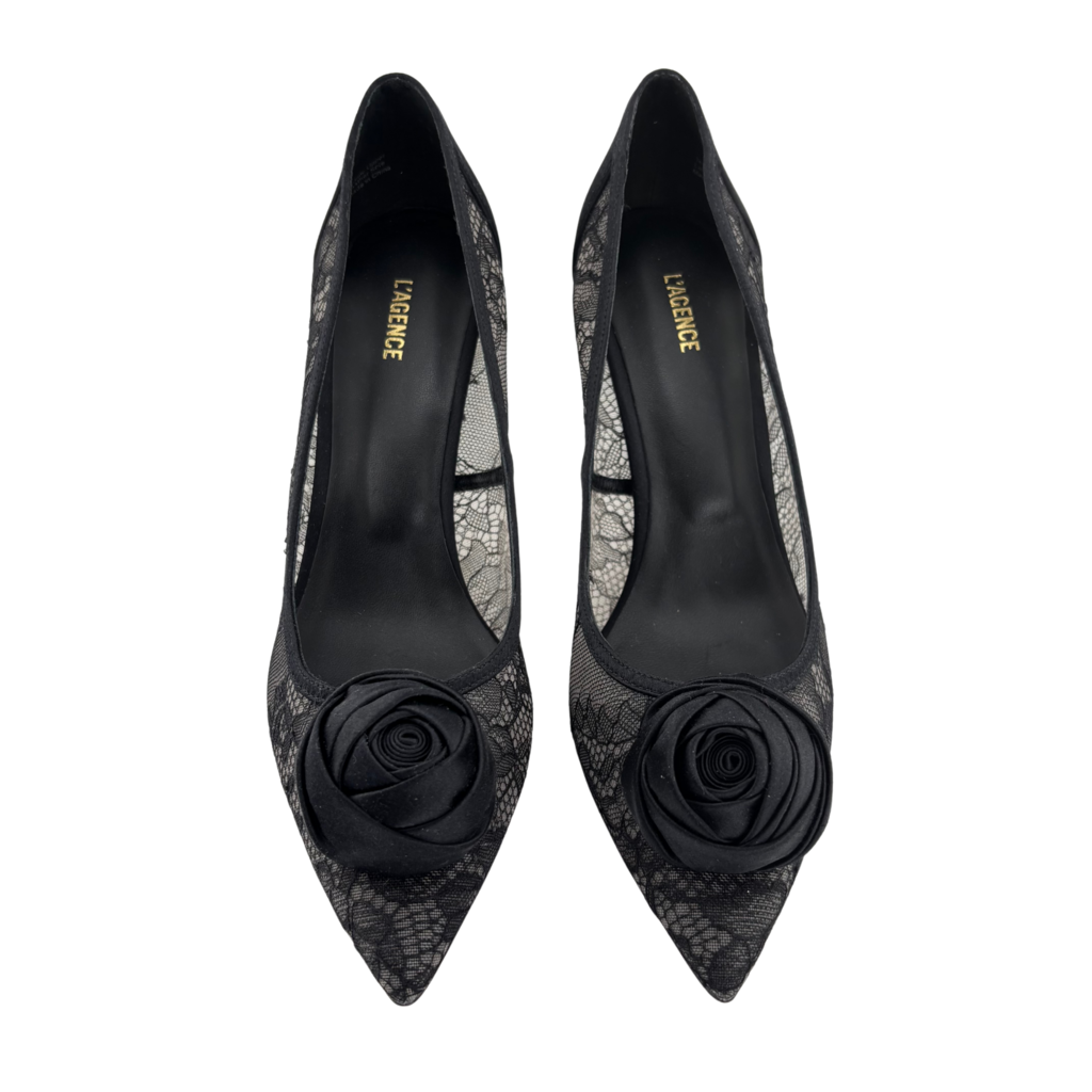 L'Agence Black Lace Pointed Toe Fosette Pump, 8.5