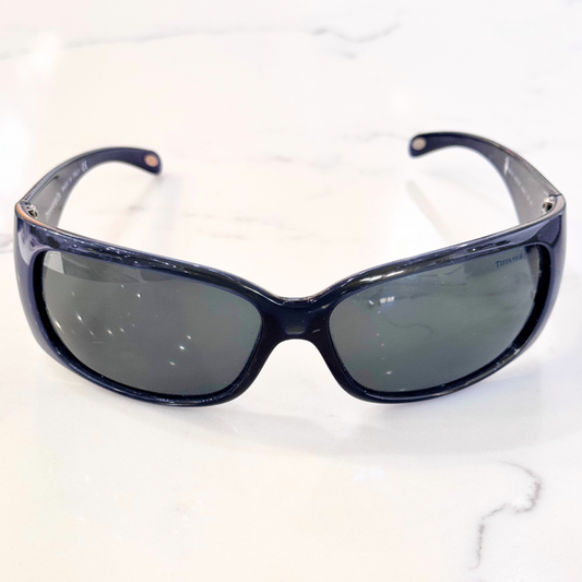 Tiffany & Co Navy Crystal Starburst Rectangular Wrap Around Sunglasses