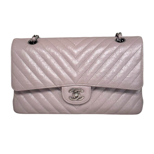 Chanel Classic Flap Gray Chevron Calfskin Medium (FULL SET)