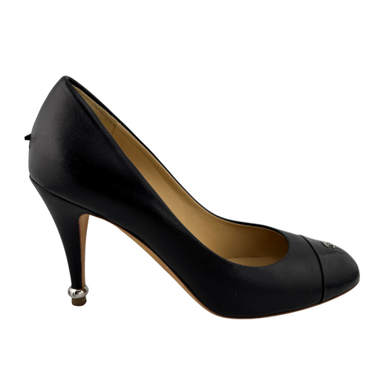 Chanel Black Leather CC Logo Cap Toe Pumps, 38.5