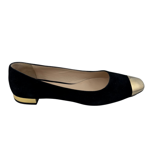 Roberto Festa Black Suede Gold Cap Toe Flats, 38