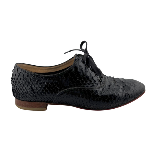 Christian Louboutin Black Python Lace Up Flat, 37.5
