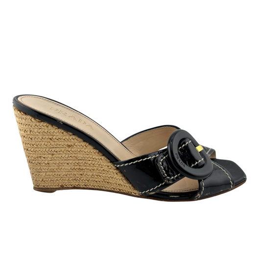 Prada Black Patent Wedge Sandal, 38