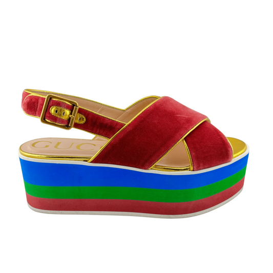 Gucci Pink Velvet Rainbow Platform Sandals, 37.5