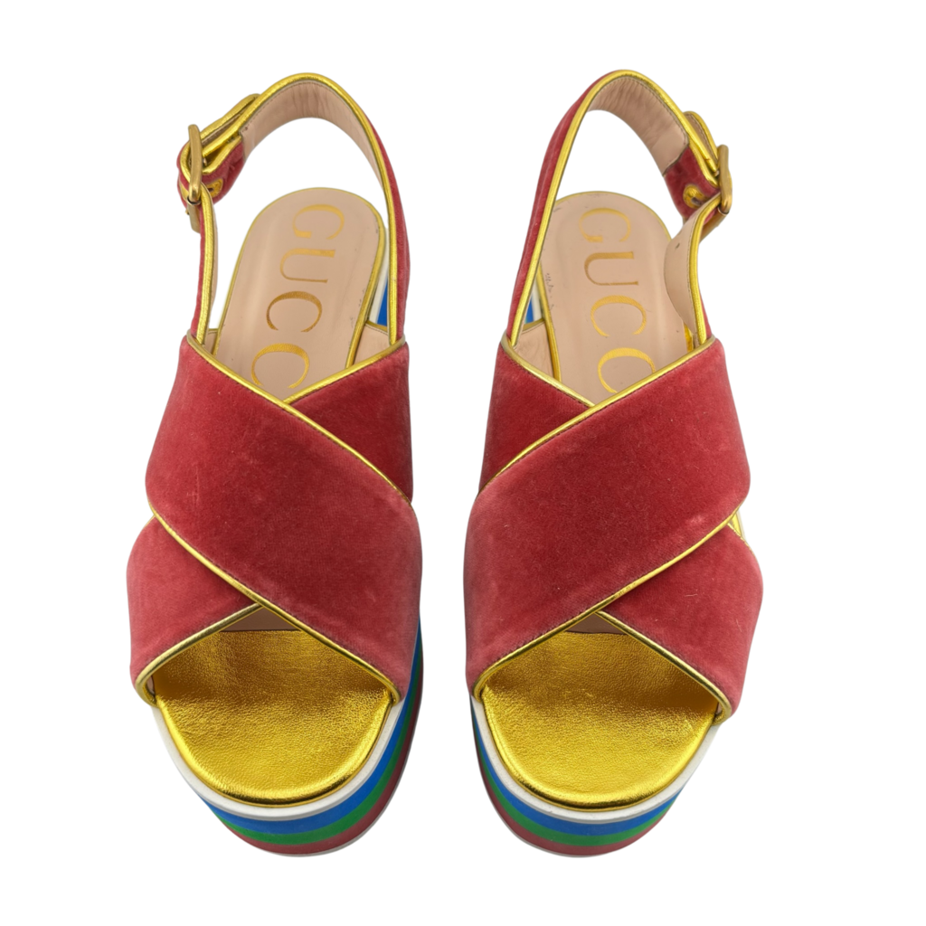 Gucci Pink Velvet Rainbow Platform Sandals, 37.5